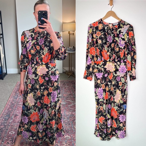 RIXO Dresses & Skirts - Rixo Greta Floral Midi Dress Black Multi Color Long sleeve Medium